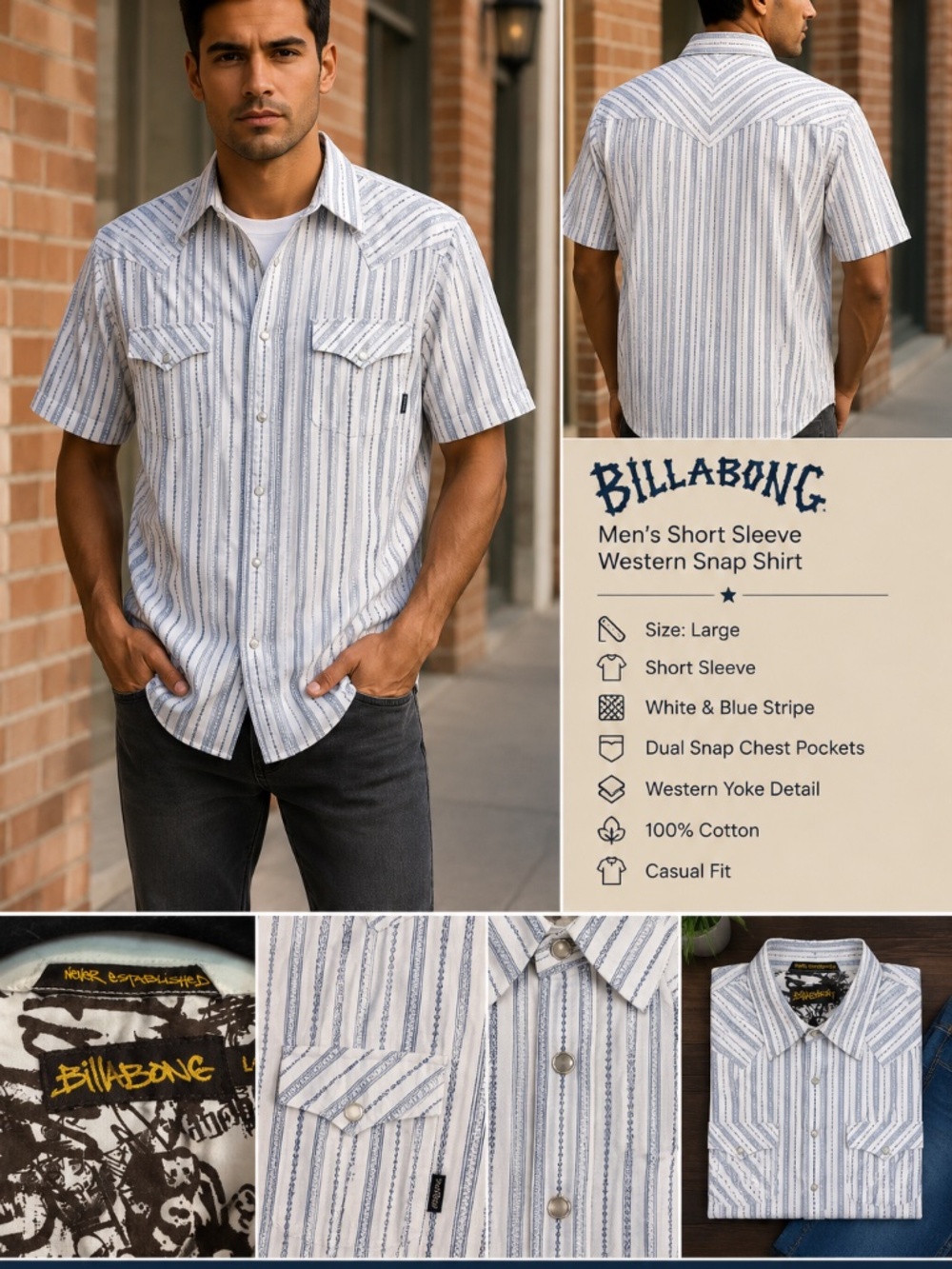 Billabong Men’s Large White Blue Stripe Western Snap Shirt